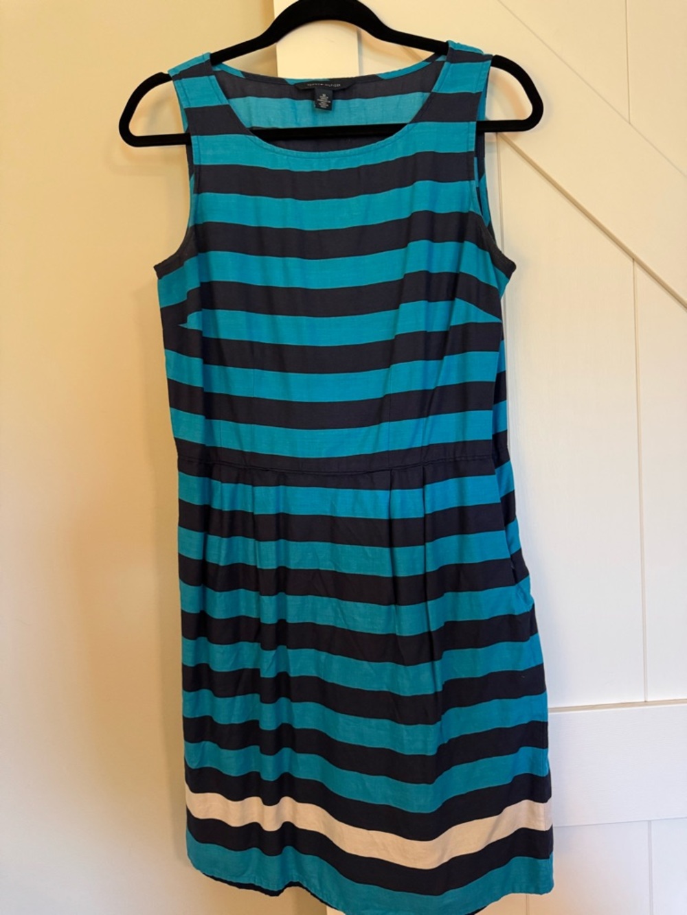 Tommy Hilfiger Teal and Navy Striped Sleeveless Mini Dress